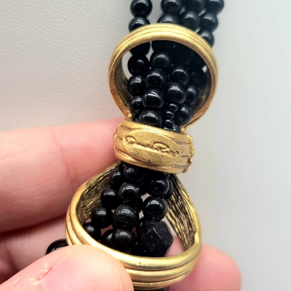 Oscar de la Renta Black Glass Bead Multistrand Layered Swag Necklace Gold Detail - Picture 12 of 13